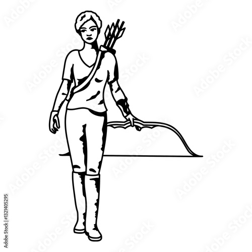 Archeress Ready for Action: A sleek, black and white artistic rendering of an archeress, bow in hand, arrow quiver slung across her shoulder, captures the essence of focus, precision.