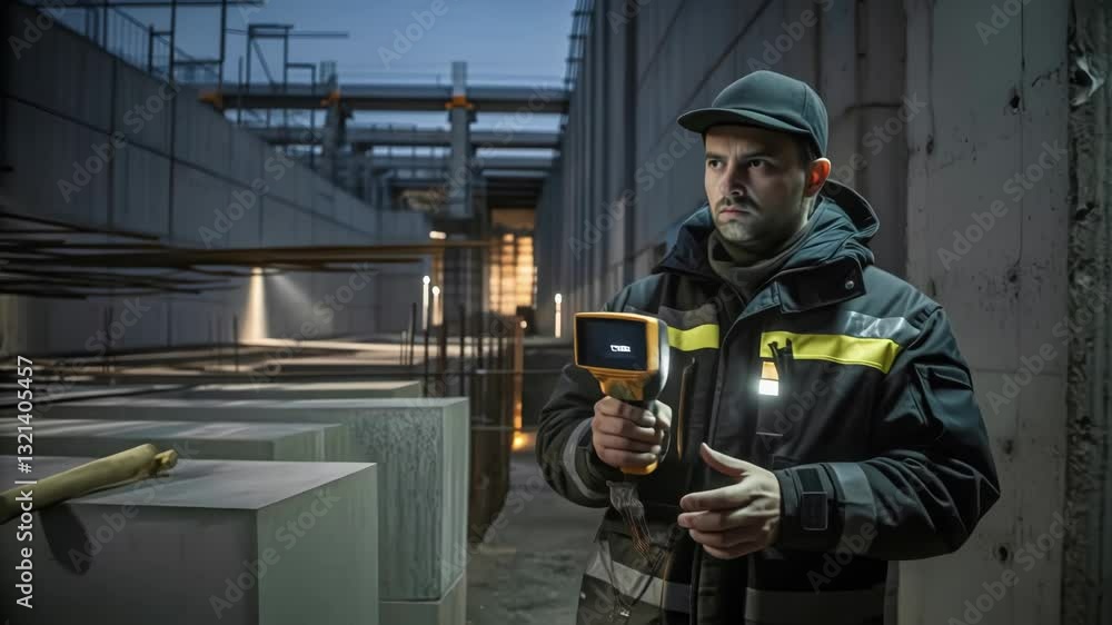 Inspect Padding Jacket Construction worker wearing a safety jacket and cap, using a thermal ...