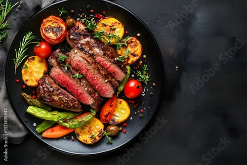 Plate of meat and vegetables with a black background. The plate is full of food and looks delicious
