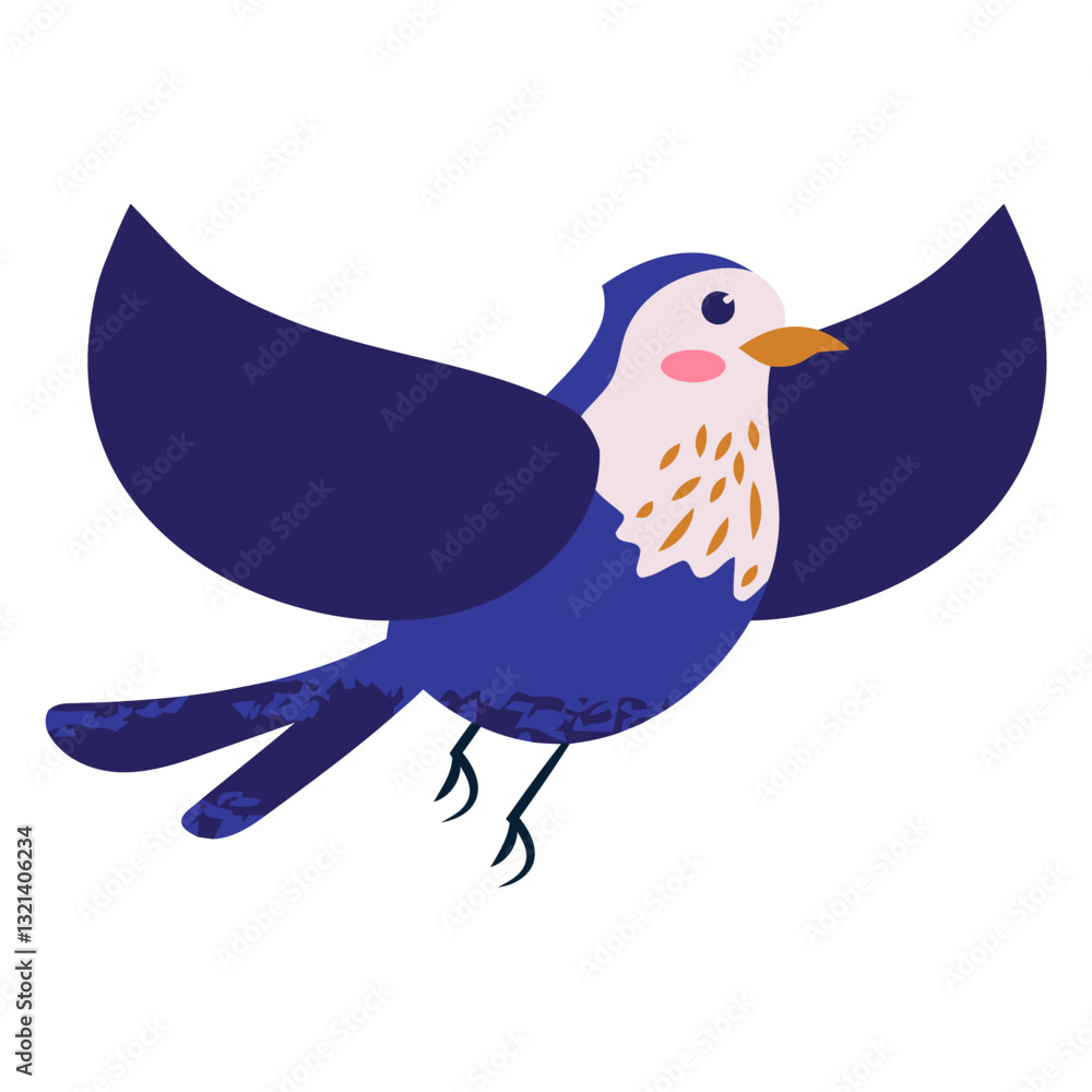 Fototapeta premium Soaring Songbird: A vibrant cartoon illustration depicts a charming songbird in mid-flight, its wings gracefully outstretched. It is a symbol of freedom, movement, and natural beauty.