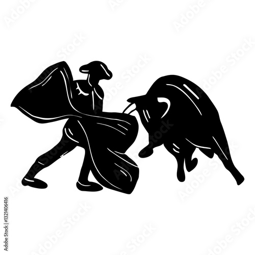 The Matador's Dance: A silhouetted matador gracefully maneuvers in a dramatic dance with a fierce bull, showcasing the intense confrontation between man and beast in a timeless.