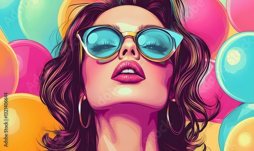 a stylish woman wearing sunglasses and surrounded by balloons.