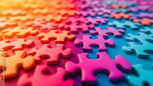 Colorful puzzle pieces, close-up, vibrant gradient, background,  for teamwork concept