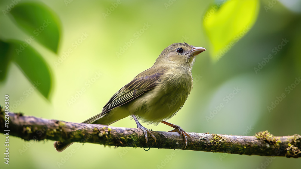 Fototapeta premium Close-up of green-brown feathered bird perched on branch in peaceful forest habitat. Vibrant wildlife details, natural textures, and soft bokeh with high-resolution clarity for birdwatching themes
