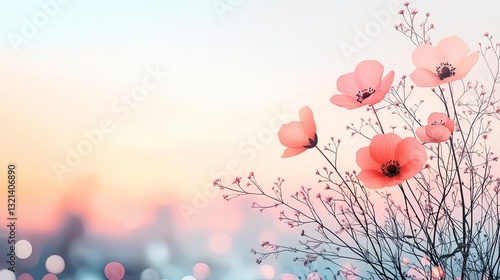 Abstract art background concept. Delicate pink flowers blooming against a soft, pastel sunset background.