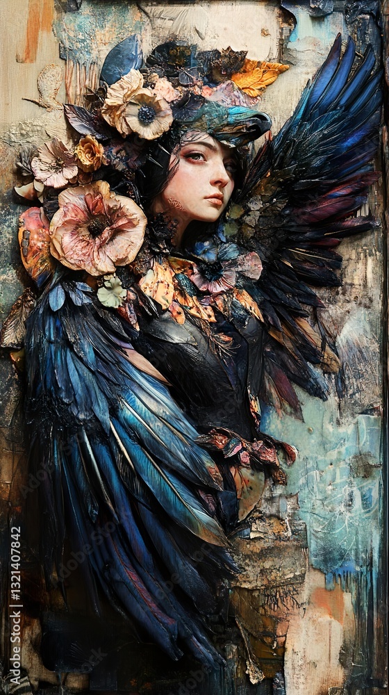 Fototapeta premium Dark Fantasy Woman with Wings and Flowers