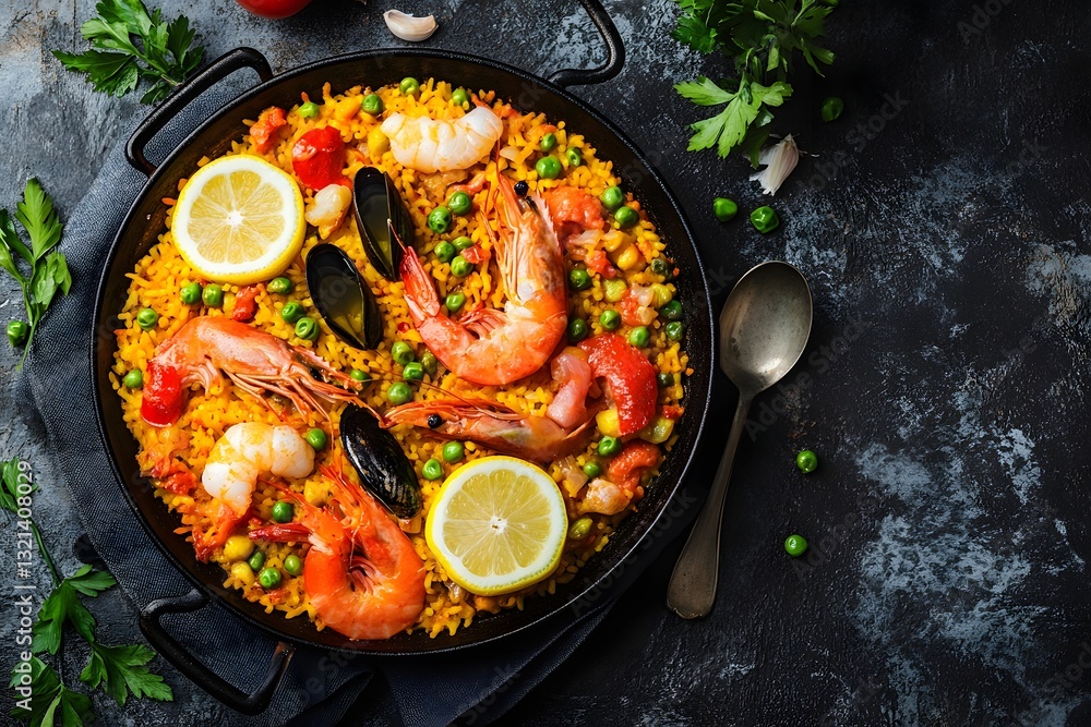 Plate of food with shrimp, peas, and lemon slices. The dish is served in a black bowl and is placed on a table Plate of food with shrimp, peas, and lemon slices. The dish is served in a black bowl and is placed on a table