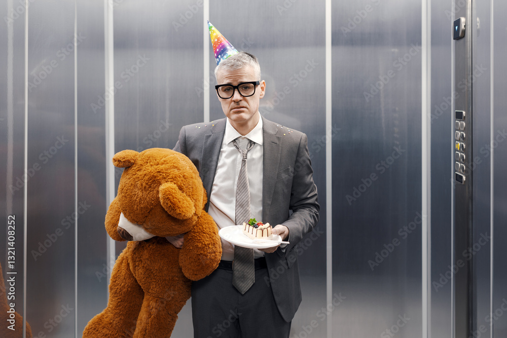 Fototapeta premium Sad company employee celebrating alone in the elevator