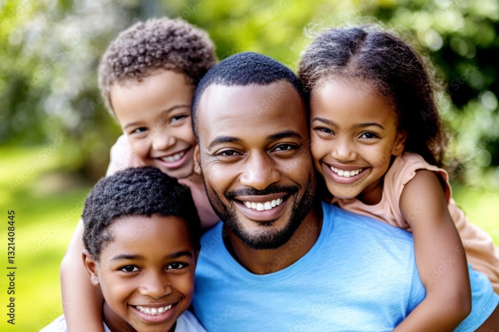 Happy Family Portrait Outdoors Father, Mother, and Two Children Smiling in Casual Clothing, Blurred Garden Background Happy Family Portrait Outdoors Father, Mother, and Two Children Smiling in Casual Clothing, Blurred Garden Background
