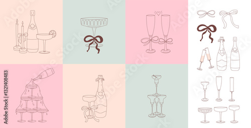 Wine glasses and champagne bottle wedding composition with glassware, candles and bowknot ribbon set