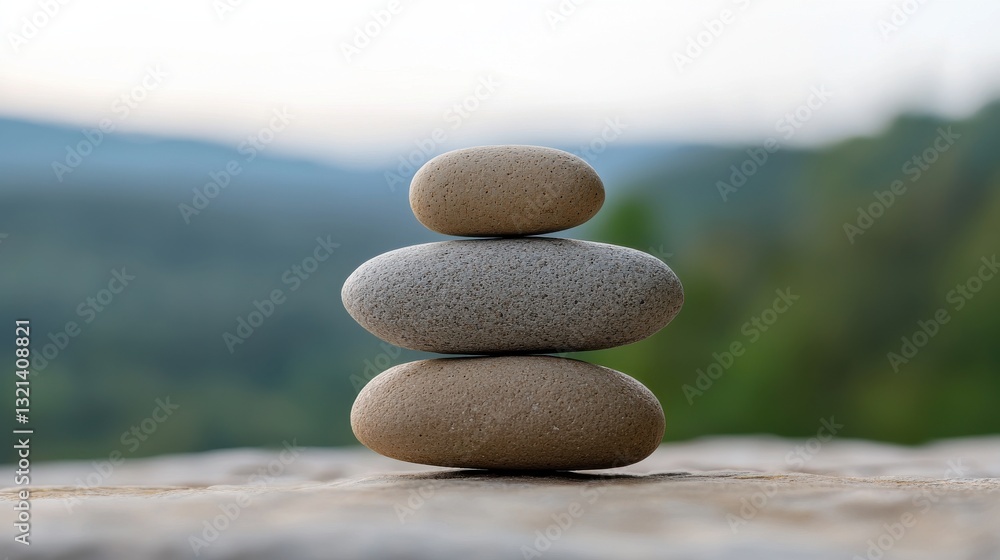 Tranquil Stack of Balanced Rocks on a Natural Background with Soft Colors and Blurred Horizon Tranquil Stack of Balanced Rocks on a Natural Background with Soft Colors and Blurred Horizon