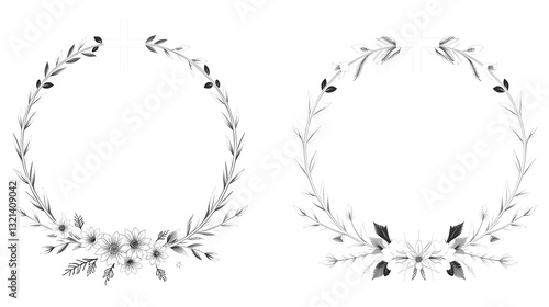 Funeral vector frames, isolated wreaths of floral design with crosses, leaves and flourishes. Mourning condolence cards. Obituary mournful funereal monochrome memorial borders, laurel wreath