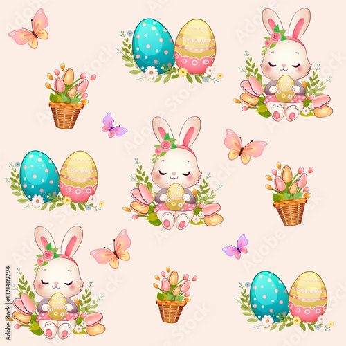 Cute bunnies and Easter decor on a delicate background. Cute seamless pattern
