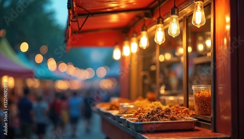 Close-up food truck night city festival. Warm light bulbs illuminate assorted snacks sale at food stall. Blurred crowd buys tasty fast food, enjoy urban holiday fair.