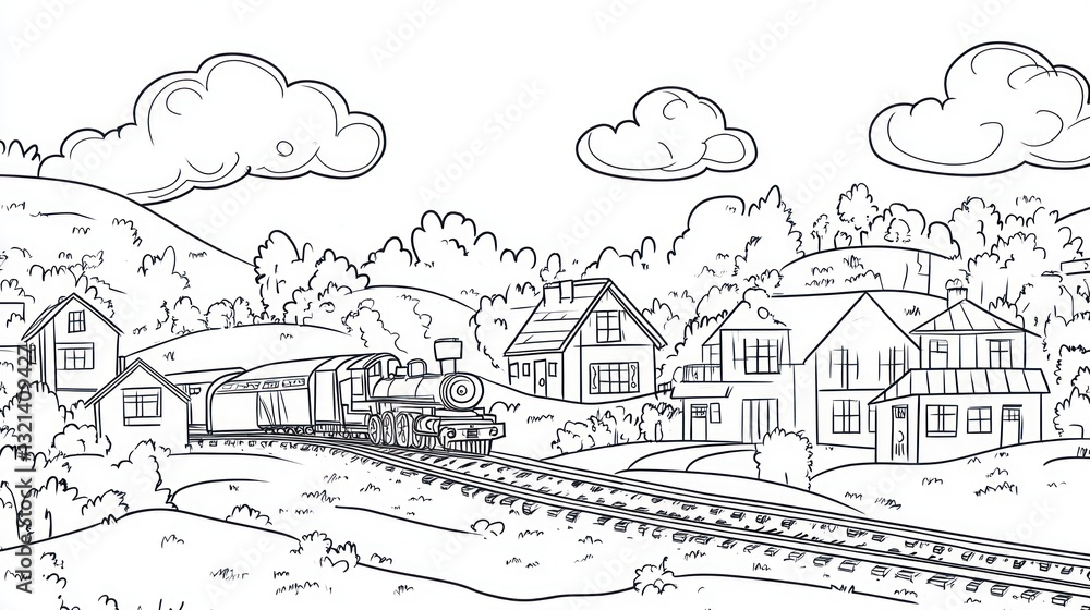 Train passing rural village, hills; coloring page Train passing rural village, hills; coloring page