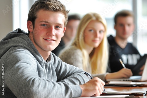 High School Students Engaged in Classroom Learning, Young Man Smiling and Studying, Natural Light Background, Diversity in Education