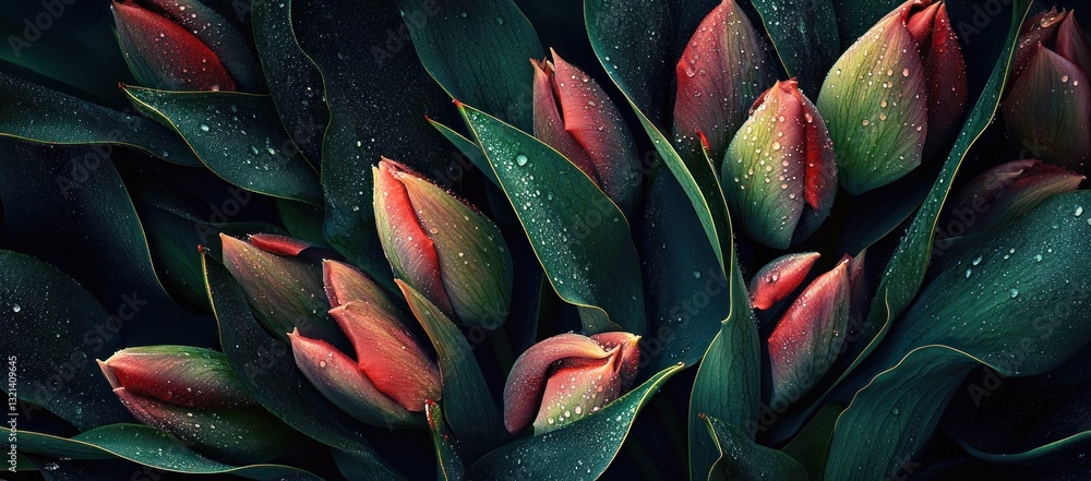 Obraz premium Close-up of dew-kissed red tulip buds.
