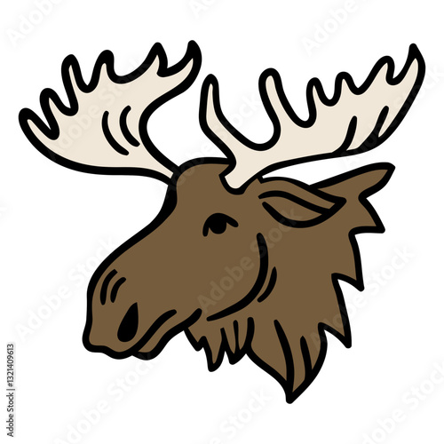 Majestic Moose Portrait: A striking illustration of a moose head, showcasing its iconic antlers. Captured with a clean and simple style, perfect for any project!