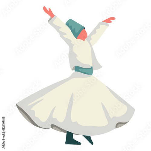 Whirling Dervish in Ecstatic Dance: An artistic depiction of a whirling dervish, caught mid-spin, radiating a sense of spiritual ecstasy and graceful movement, embodying the essence of Mevlevi Sufism.