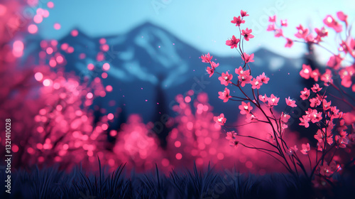 A vibrant scene of pink flowers with majestic mountains in the background under blue sky.