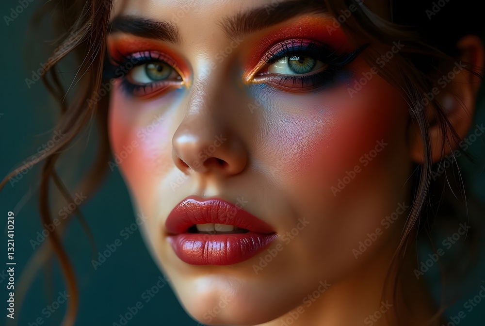 ortrait of a woman with bold and unique makeup, striking colors, style trendy and avant-garde, lighting high contrast, close-up, glossy makeup. ortrait of a woman with bold and unique makeup, striking colors, style trendy and avant-garde, lighting high contrast, close-up, glossy makeup.