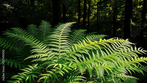 Bush of fern polypodiopsida with sunlight filtering through, shaded areas,, forest lighting photo