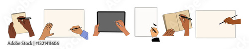 Set of Hands with writing, painting tools. Human hands with pen, pencil, highlighter, marker, brush, drawing on paper, notebook, digital tablet. Vector illustrations isolated