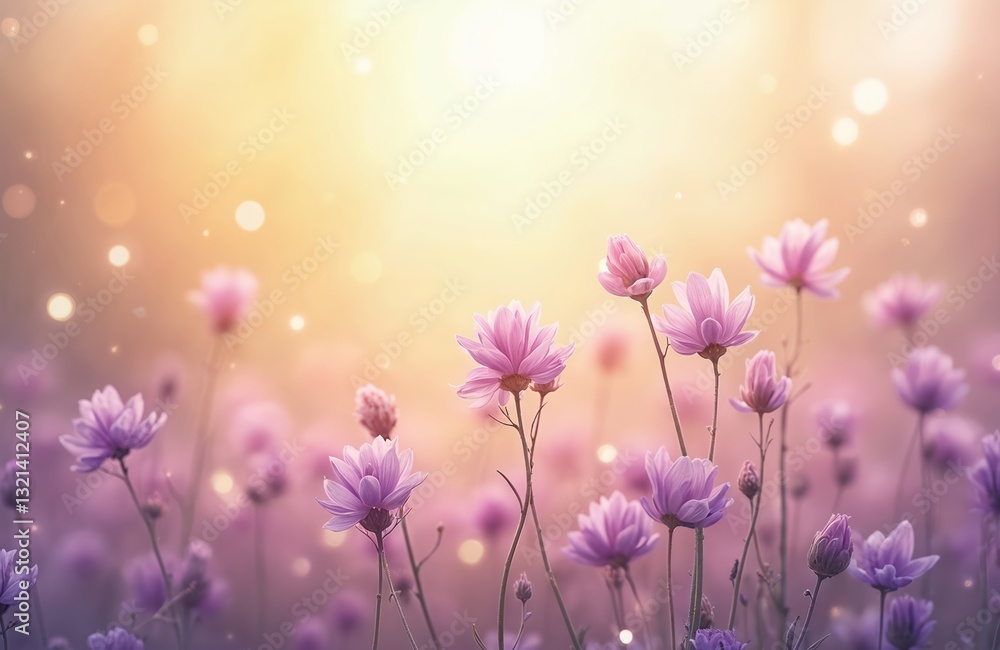 Fototapeta premium Glowing purple wildflowers in soft light bokeh. Floral blossom bloom in garden, field. Delicate vibrant romantic dreamy magical serene peaceful tranquil calm happy joyful bright warm sunlight