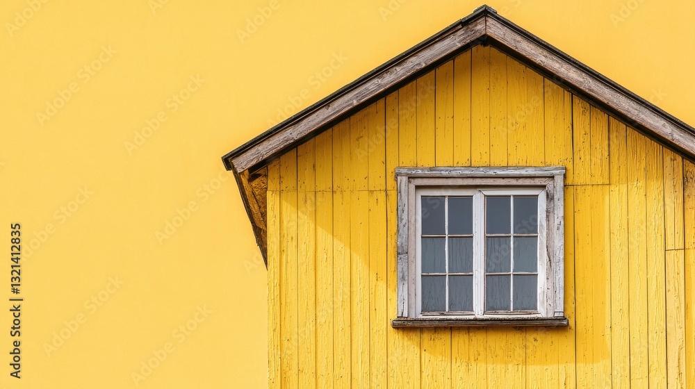 Vibrant Yellow House with Charming Window Against Bright Colored Wall in Urban Setting Vibrant Yellow House with Charming Window Against Bright Colored Wall in Urban Setting