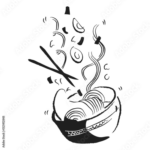 Savory Noodle Bowl: An inviting artistic illustration features an exquisite noodle bowl, with chopsticks and fresh ingredients. showcasing the delectable art of culinary and flavors