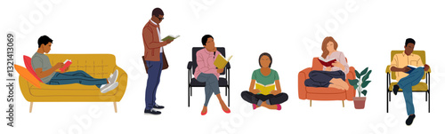 Collection of people reading books while sitting on armchair, sofa, floor, standing. Students studying, preparing for examination. Set of book lovers, readers, modern literature fans. Vector isolated.