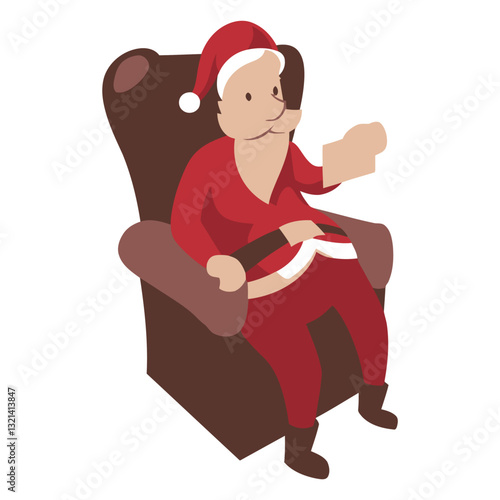 Santa Claus in Repose: A jovial Santa Claus, clad in his iconic red suit and hat, finds a moment of rest, seated comfortably in a plush armchair, radiating warmth and festive cheer.