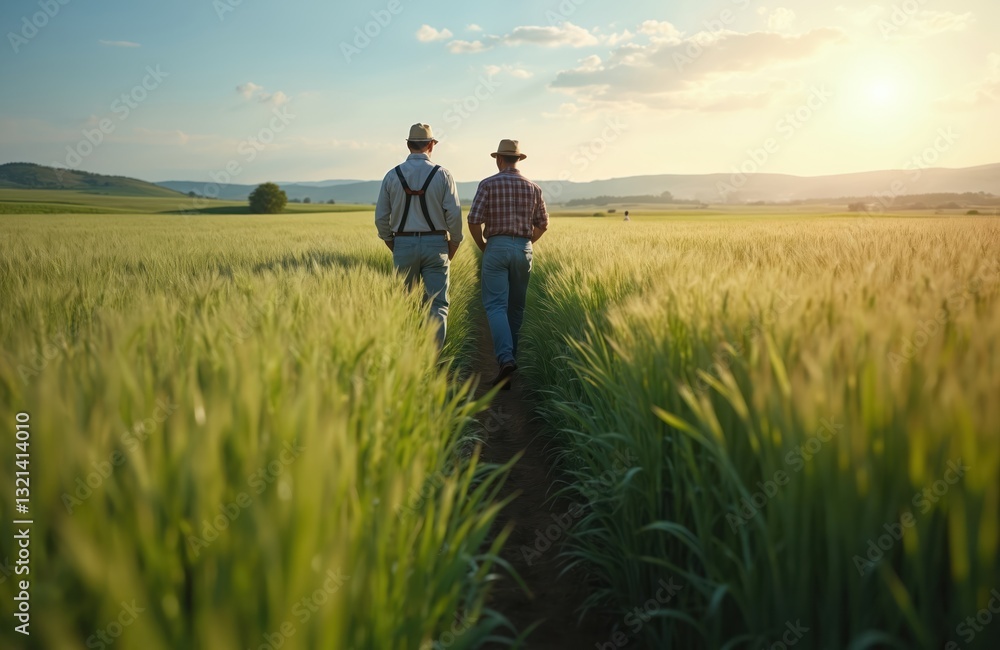 Two farmers walk through green wheat field under clear sky, inspect crop quality. Agriculturists discuss harvest, rural lifestyle, organic food production at countryside landscape. Peaceful serene Two farmers walk through green wheat field under clear sky, inspect crop quality. Agriculturists discuss harvest, rural lifestyle, organic food production at countryside landscape. Peaceful serene