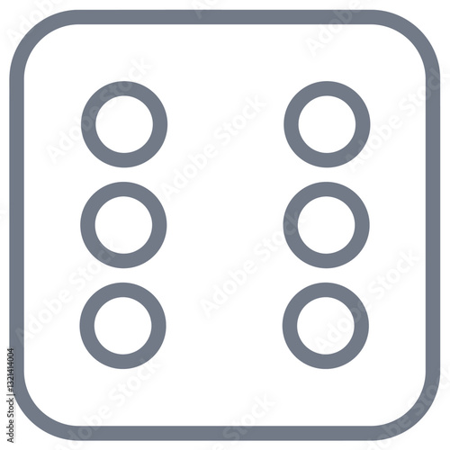 Dice showing Six: A minimalist illustration of a die face displays the number six, rendered with clean lines and a simple design. It's perfect for games, chance, and luck concepts.