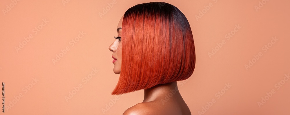Fototapeta premium Stylish Woman with Vibrant Orange Hair on Soft Peach Background in Profile View