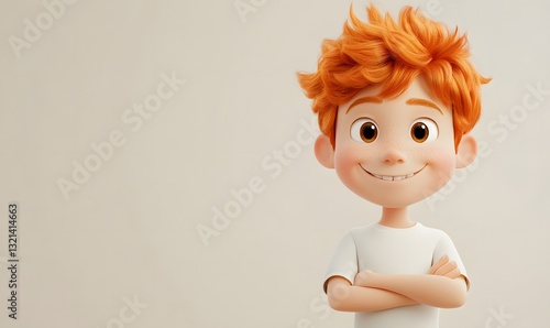 a cartoon illustration of a young boy with red hair smiling.