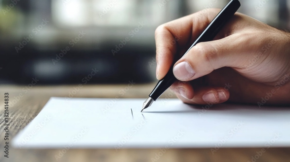 Person writing with black pen on contract paper on wooden table, with blurred background suggesting office setting Person writing with black pen on contract paper on wooden table, with blurred background suggesting office setting
