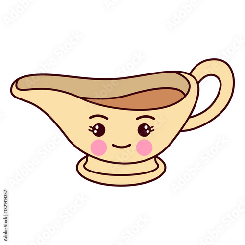 Cute Gravy Boat: A charming illustration of a gravy boat, personified with adorable features and a whimsical design, ready to serve warmth and flavor.