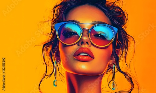 a woman with sunglasses portrait on a bright yellow background.