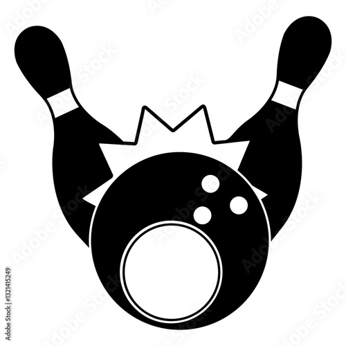 Bowling Strike Icon: A striking monochrome image of bowling pins and bowling ball in the midst of a game of tenpin, poised for a perfect strike.