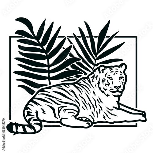 Roaring Tiger Illustration: A powerful tiger, depicted in a stark black and white illustration, lounges gracefully amidst stylized tropical leaves.
