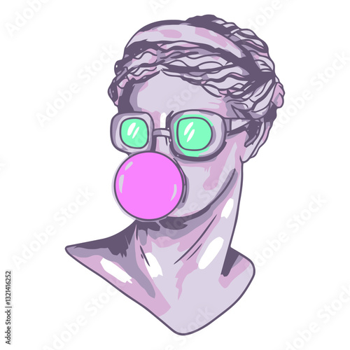 Modern Classical Chic: A whimsical illustration of a classic bust wearing glasses, blowing a bubble gum bubble, blending antiquity with contemporary pop culture.