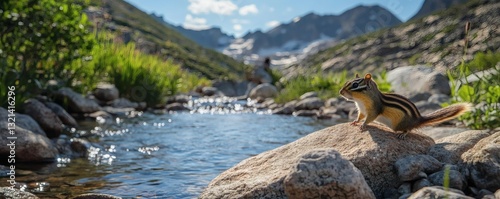 A curious chipmunk perches on a large rock near flowing water