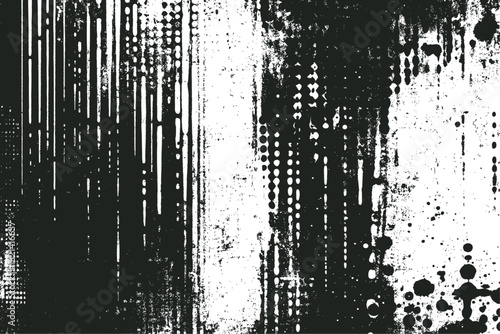 Vector illustration of abstract grunge texture with vertical stripes and speckled distress marks. The high-contrast black and white design features scratched lines and uneven edges