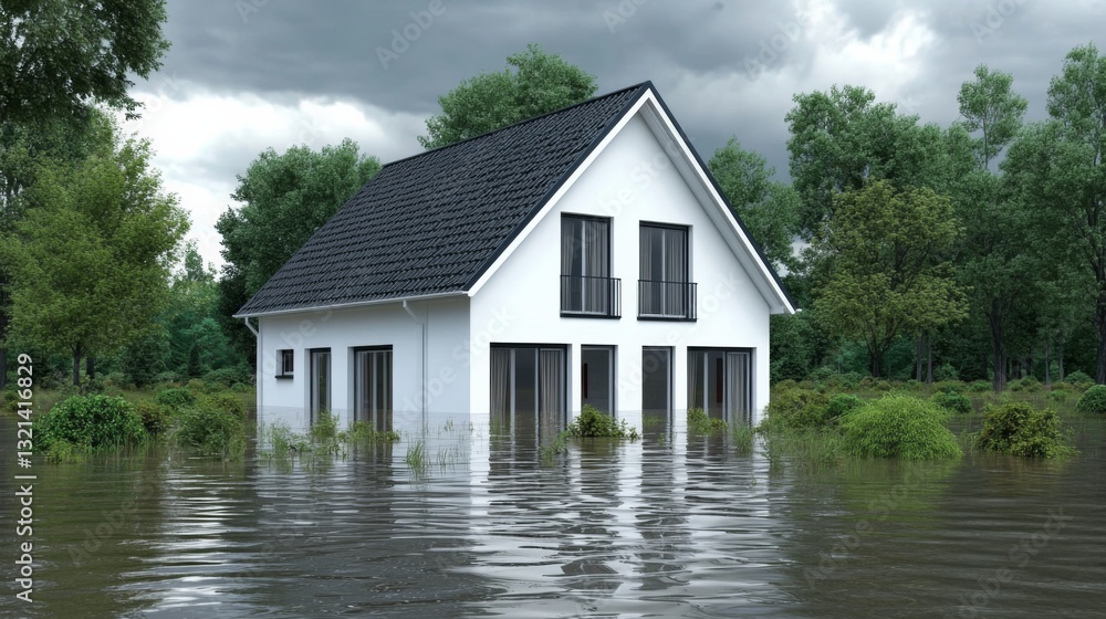 Serene Waterfront Scene Two-Story House with White Exterior and Black Tiled Roof Surrounded by Floodwaters and Greenery Serene Waterfront Scene Two-Story House with White Exterior and Black Tiled Roof Surrounded by Floodwaters and Greenery