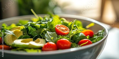 A fresh and colorful salad with tomatoes and avocados, emphasizing healthy eating, vibrant vegetables, and a balanced diet.