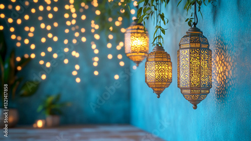 Decorative Arabic or oriental lamps hanging from the ceiling. Blooming tree branches and a garland are blurred in the background.