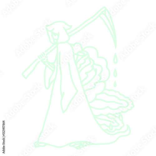 Grim Reaper's Abstract: The stark illustration of the Grim Reaper, set against a white backdrop, wields his scythe with an air of mystery.