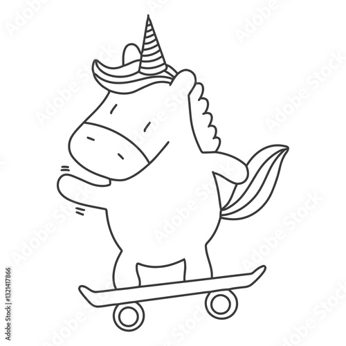 Whimsical Unicorn on Skateboard: A charming illustration of a unicorn, with a playful horn and a flowing mane, joyfully balancing on a skateboard, is ready to embark on new adventures.