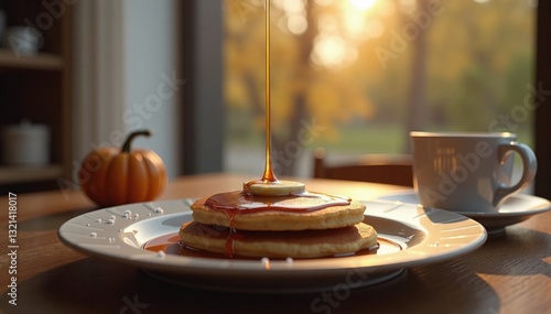 american pancakes under maple syrup and berries. steaming coffe in broun mug on background.